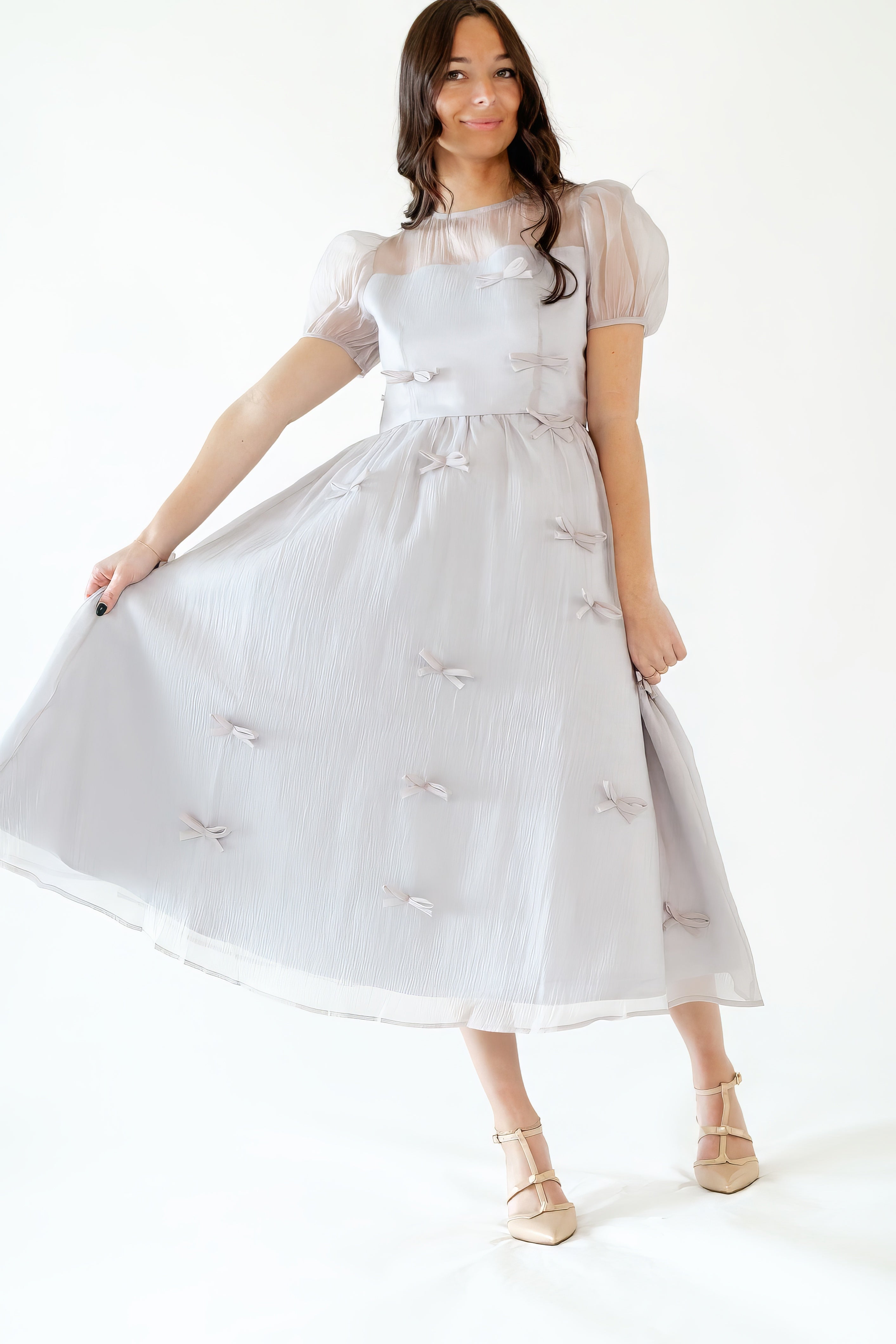 Silver Bow Organza Midi Dress