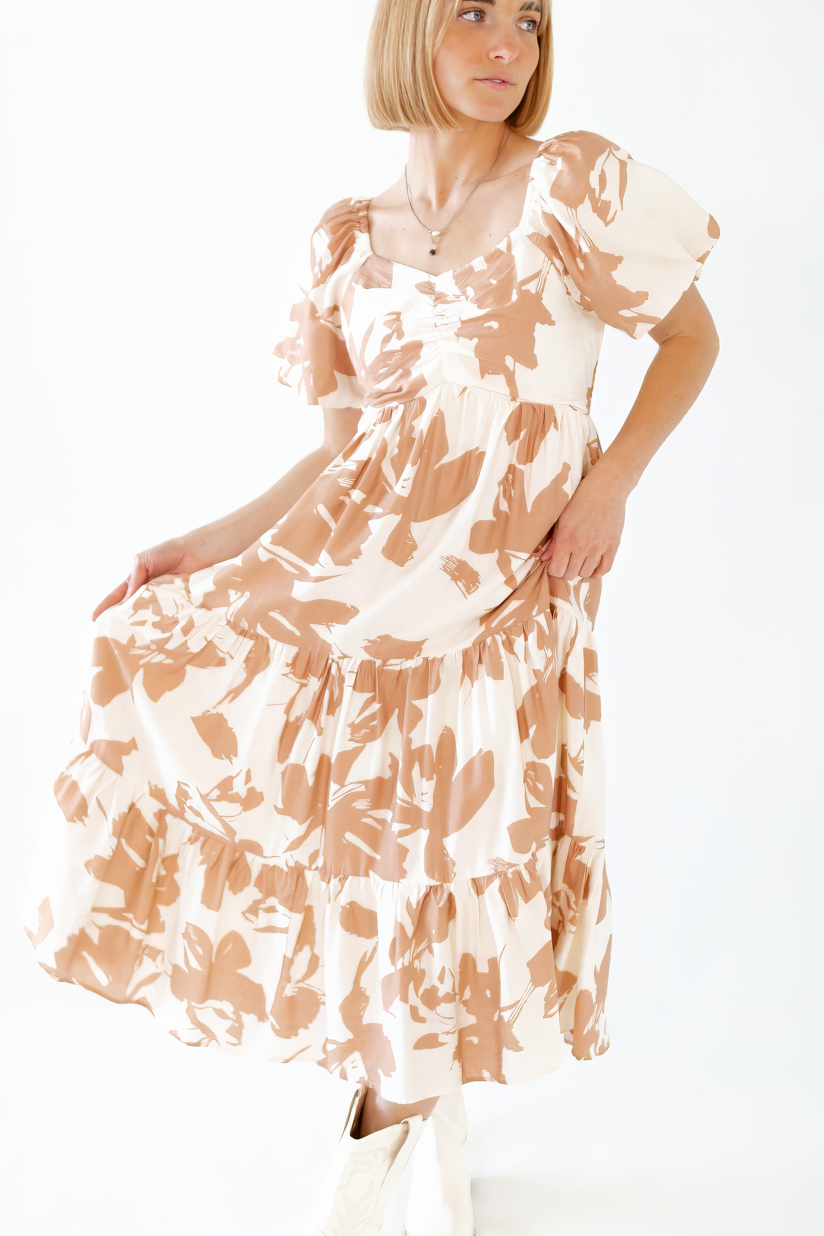 Sable Floral Puffed Sleeve Midi