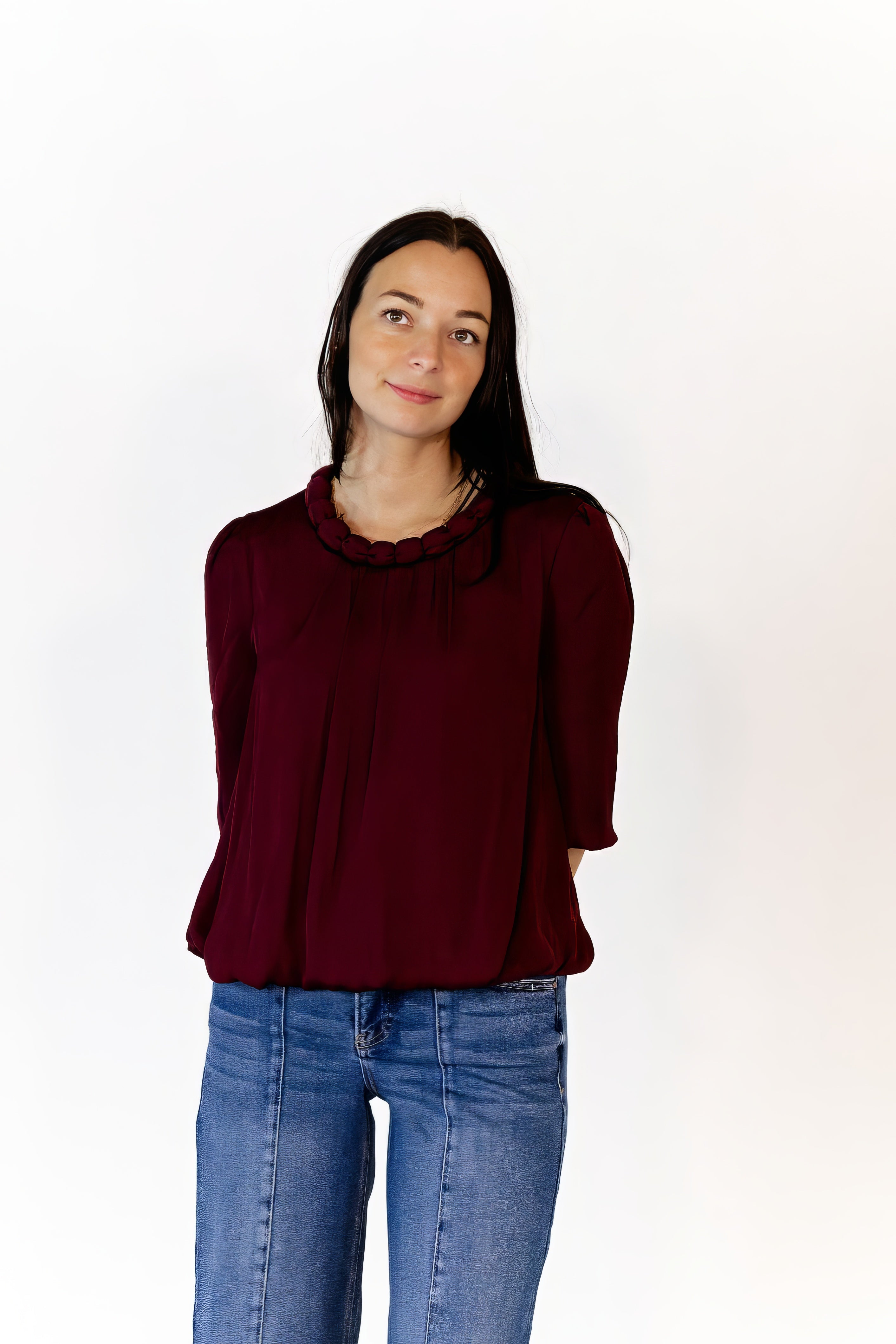 Ajen Braided Neckline Blouse · Wine