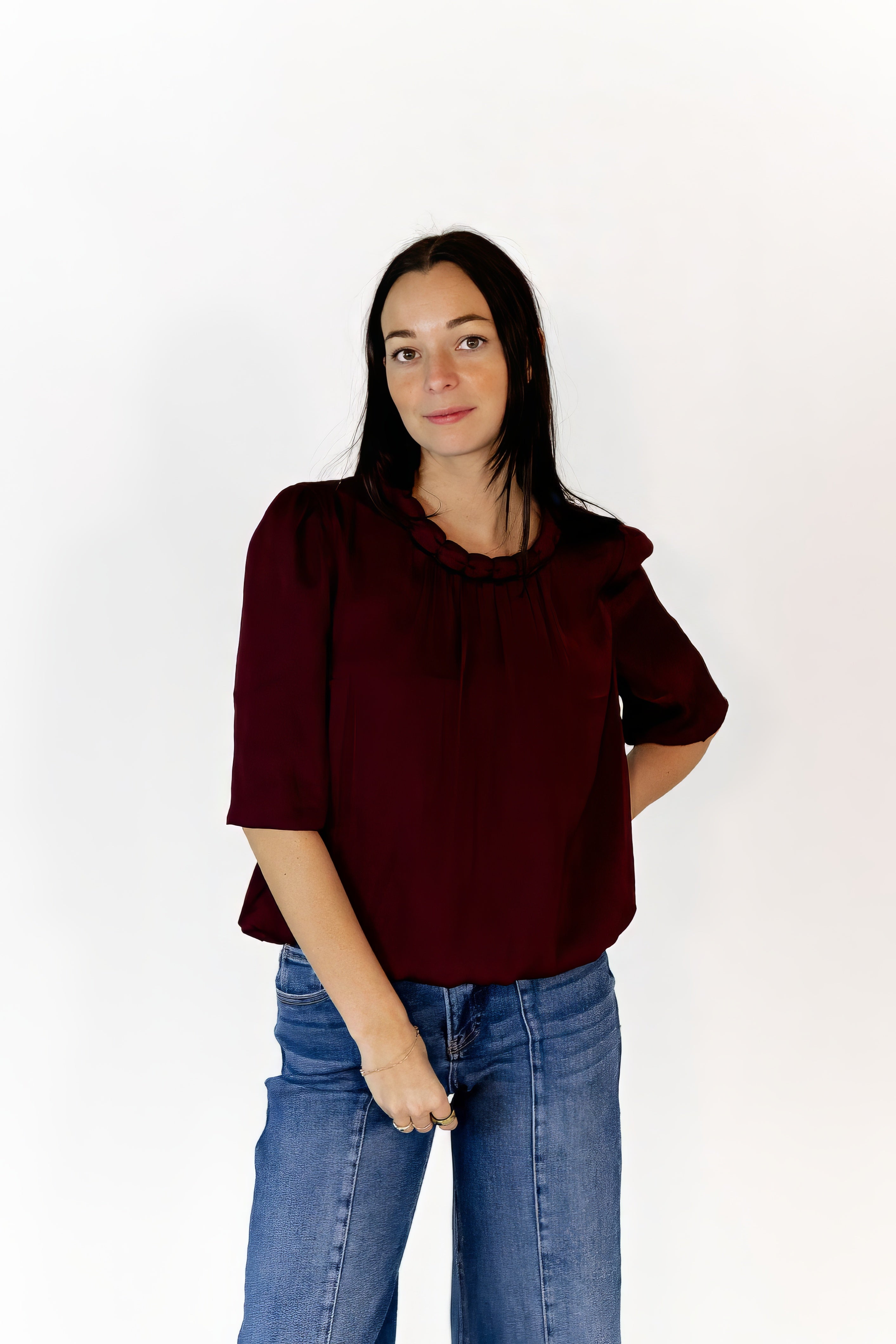 Ajen Braided Neckline Blouse · Wine