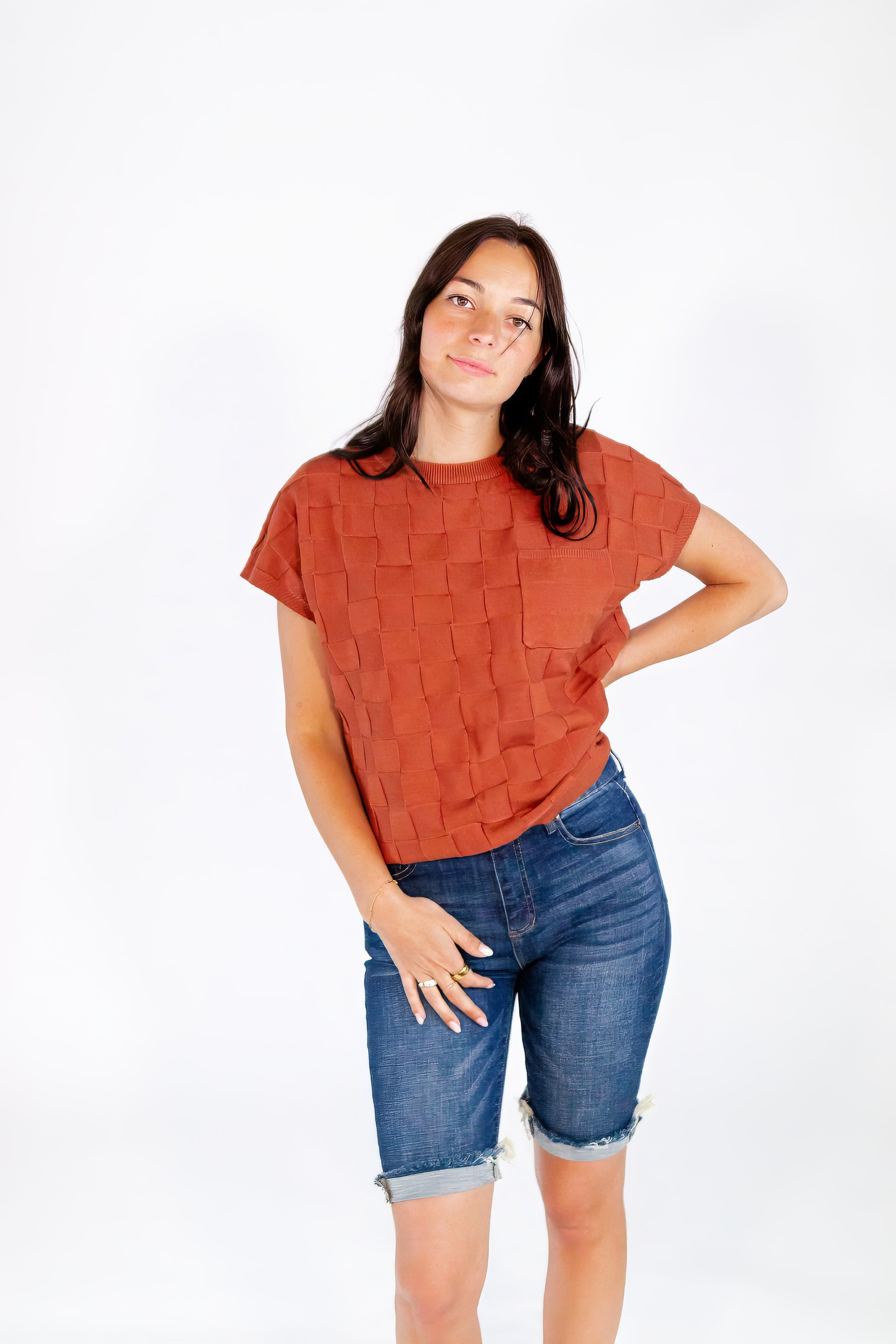 Maison Checked Textured Knit Top