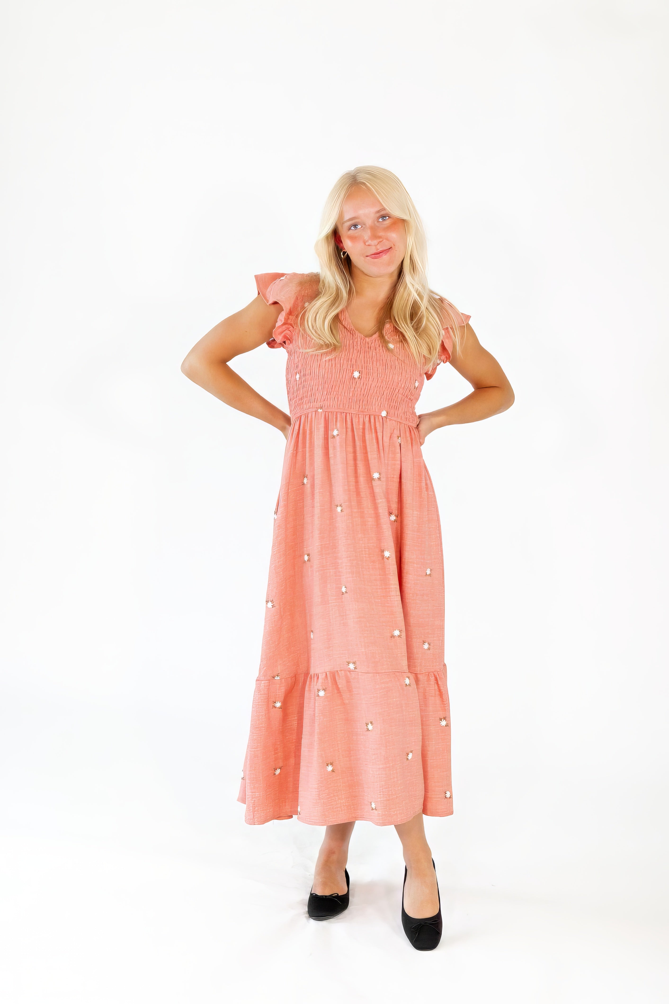 Ayla Embroidered Smocked Midi Dress