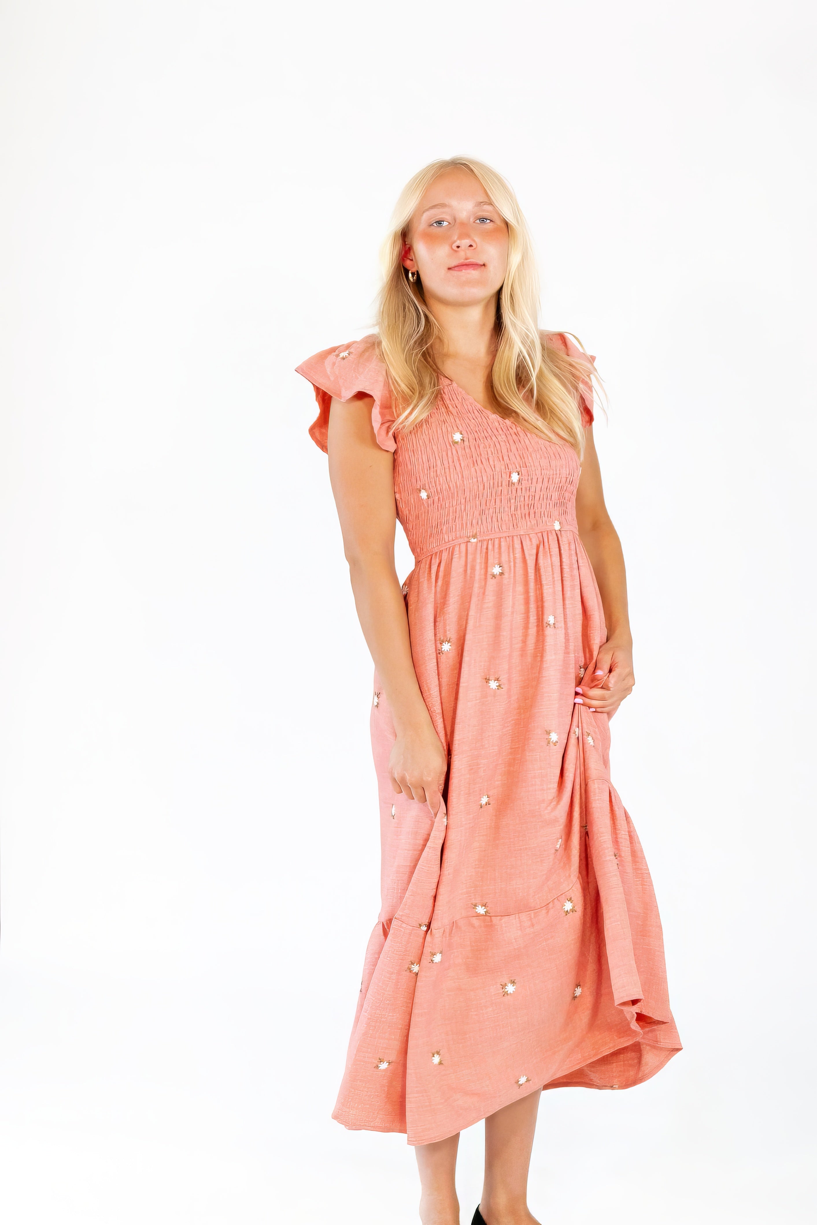 Ayla Embroidered Smocked Midi Dress