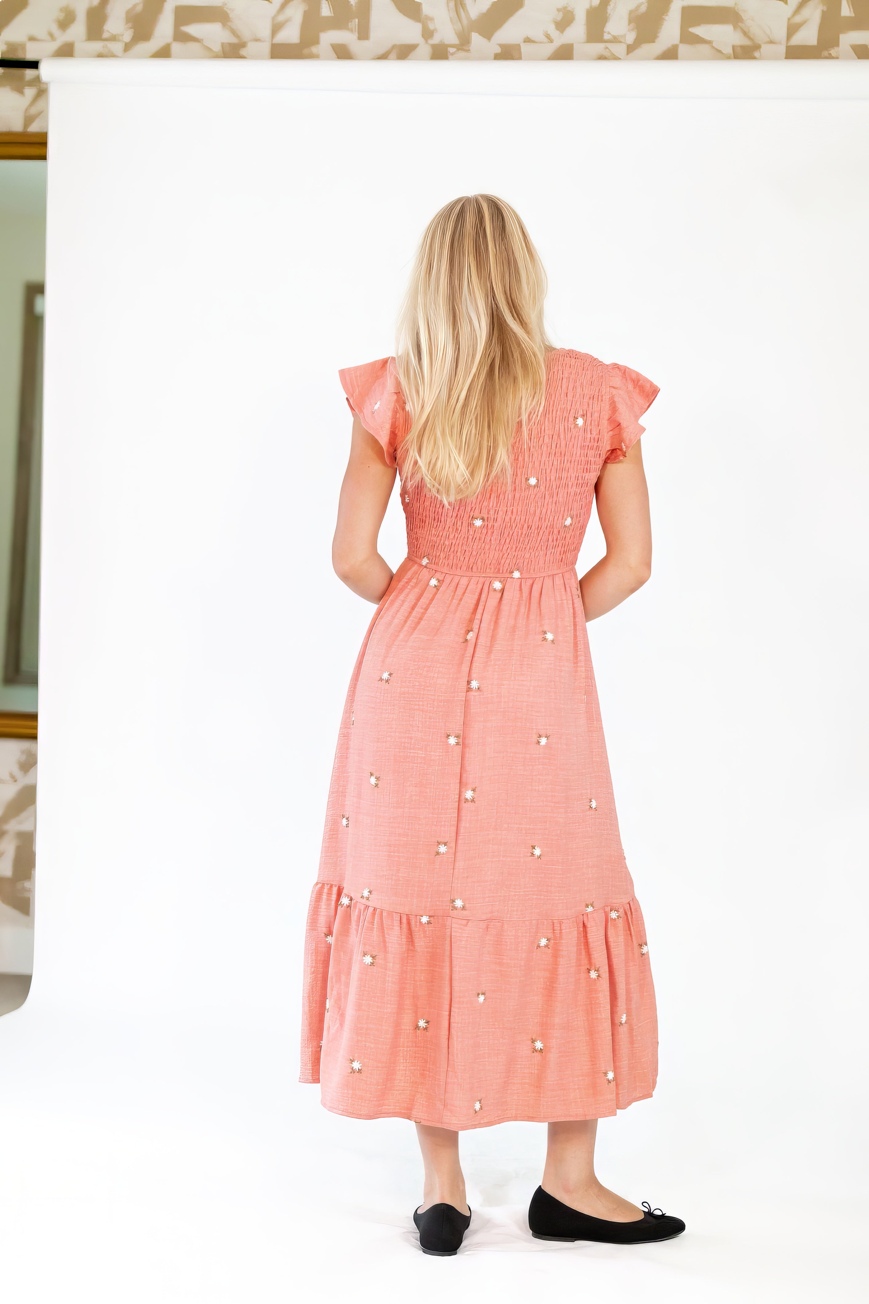 Ayla Embroidered Smocked Midi Dress
