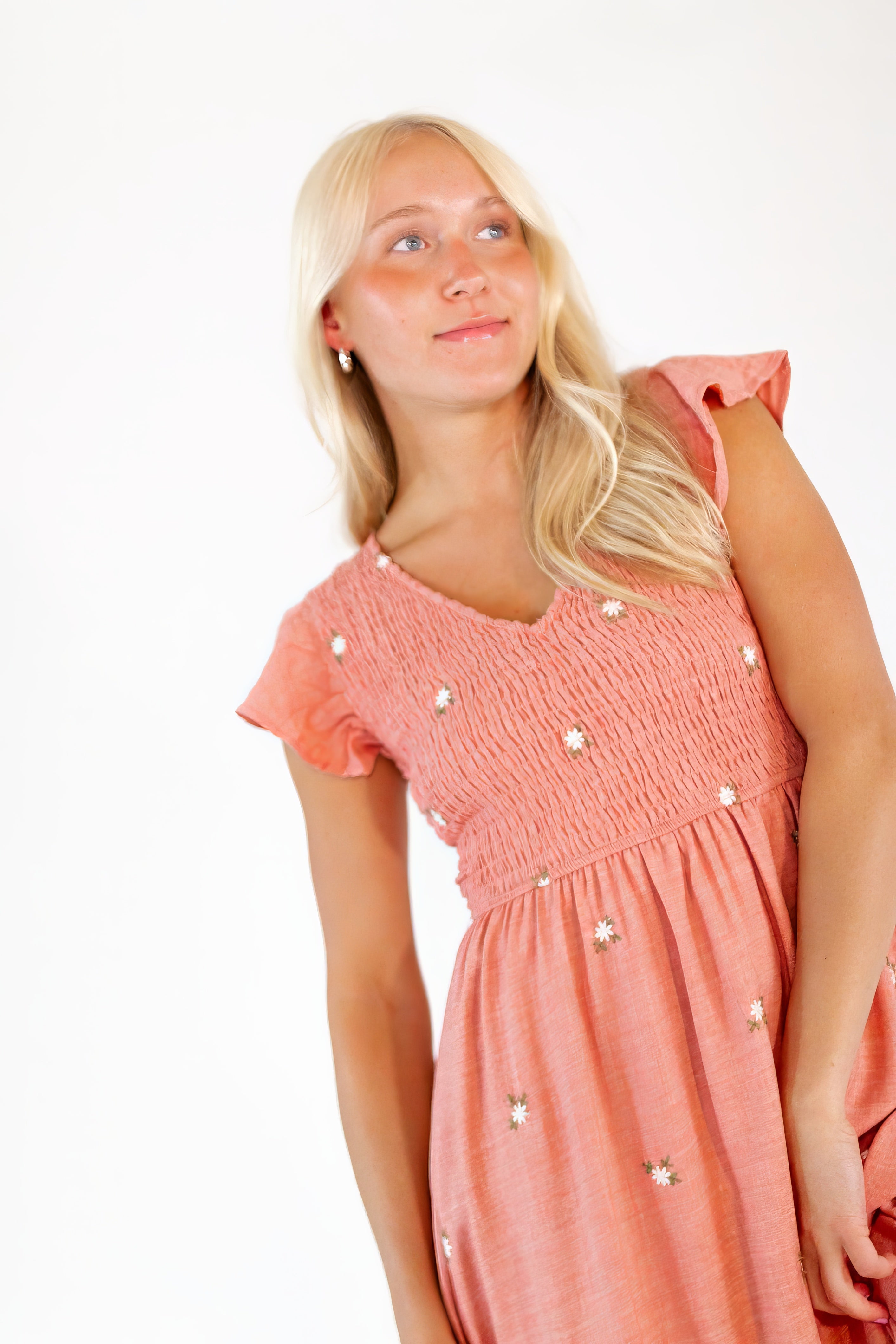 Ayla Embroidered Smocked Midi Dress
