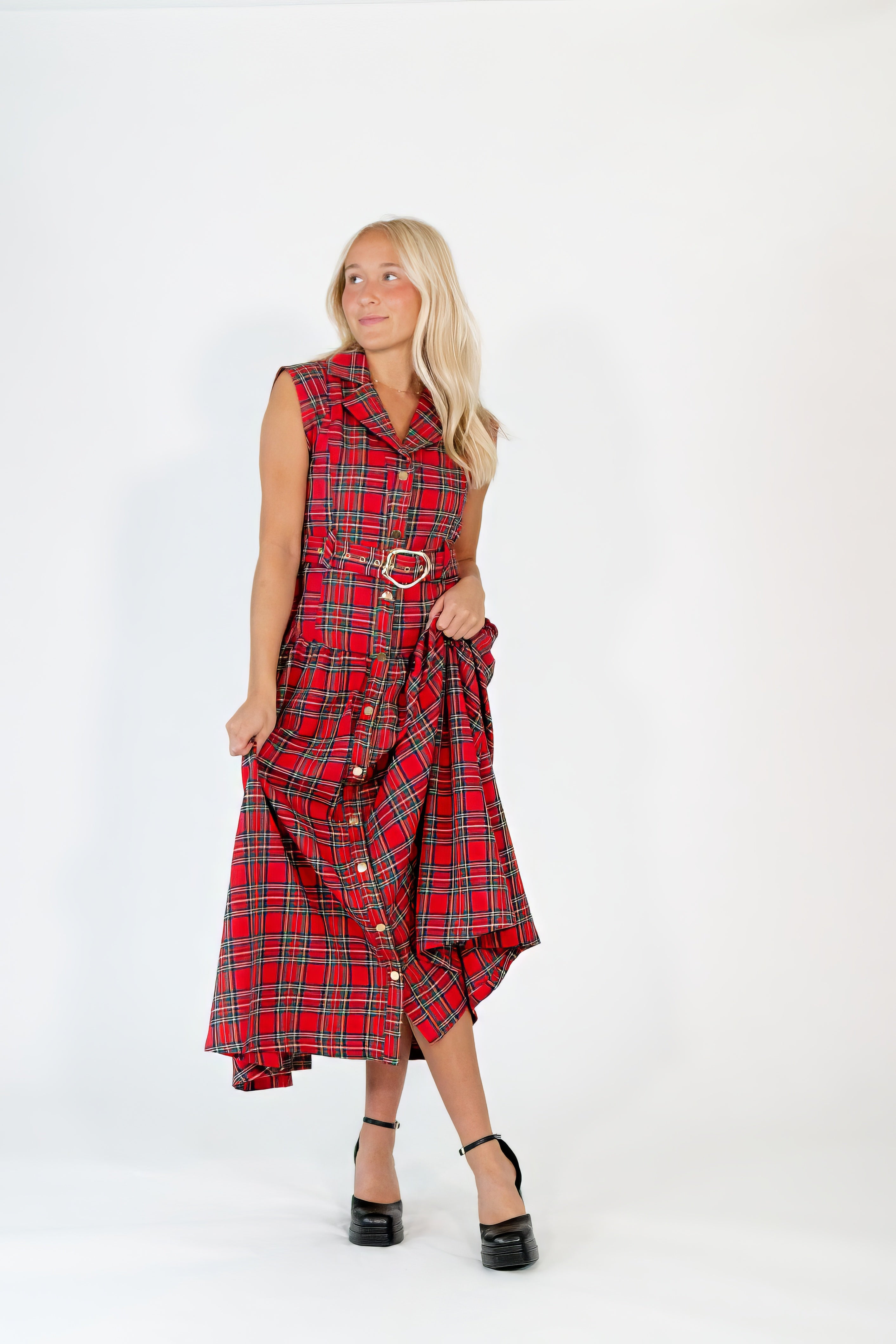 Dujour Plaid Maxi Dress・Red