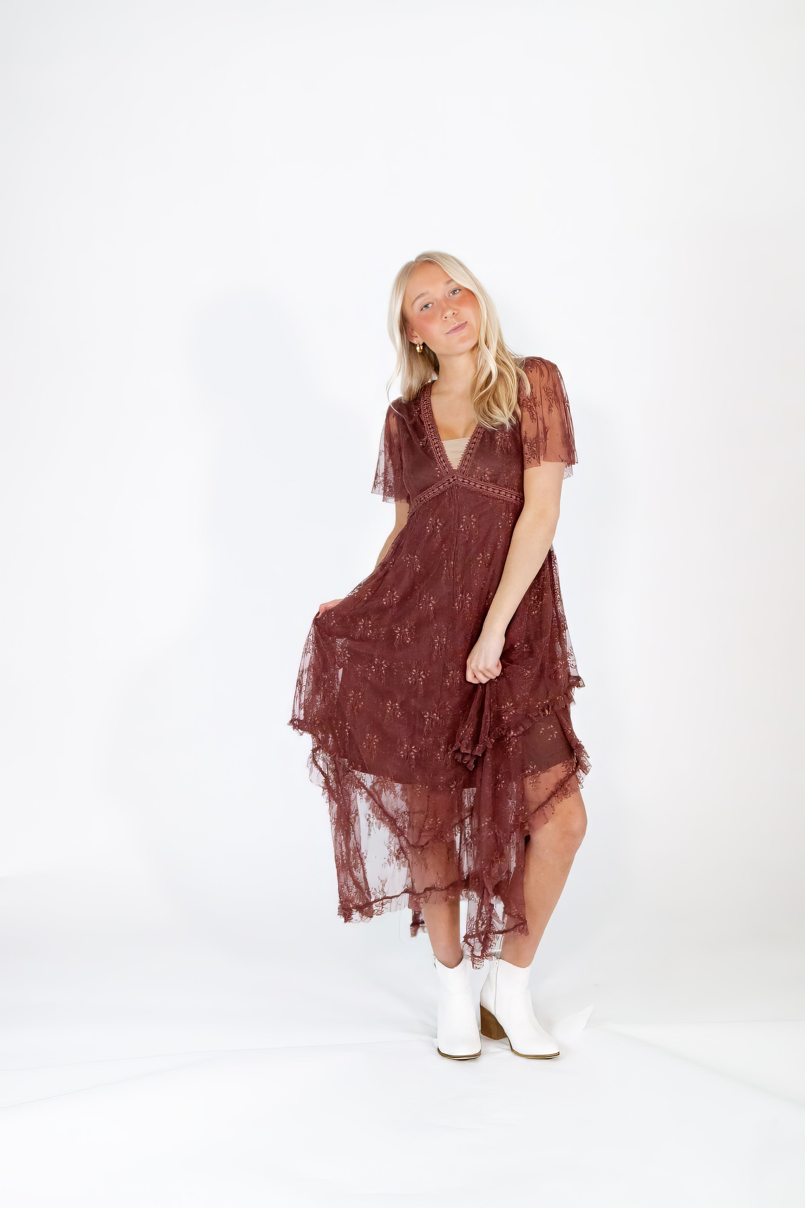 Chestnut Embellished Lace Dress