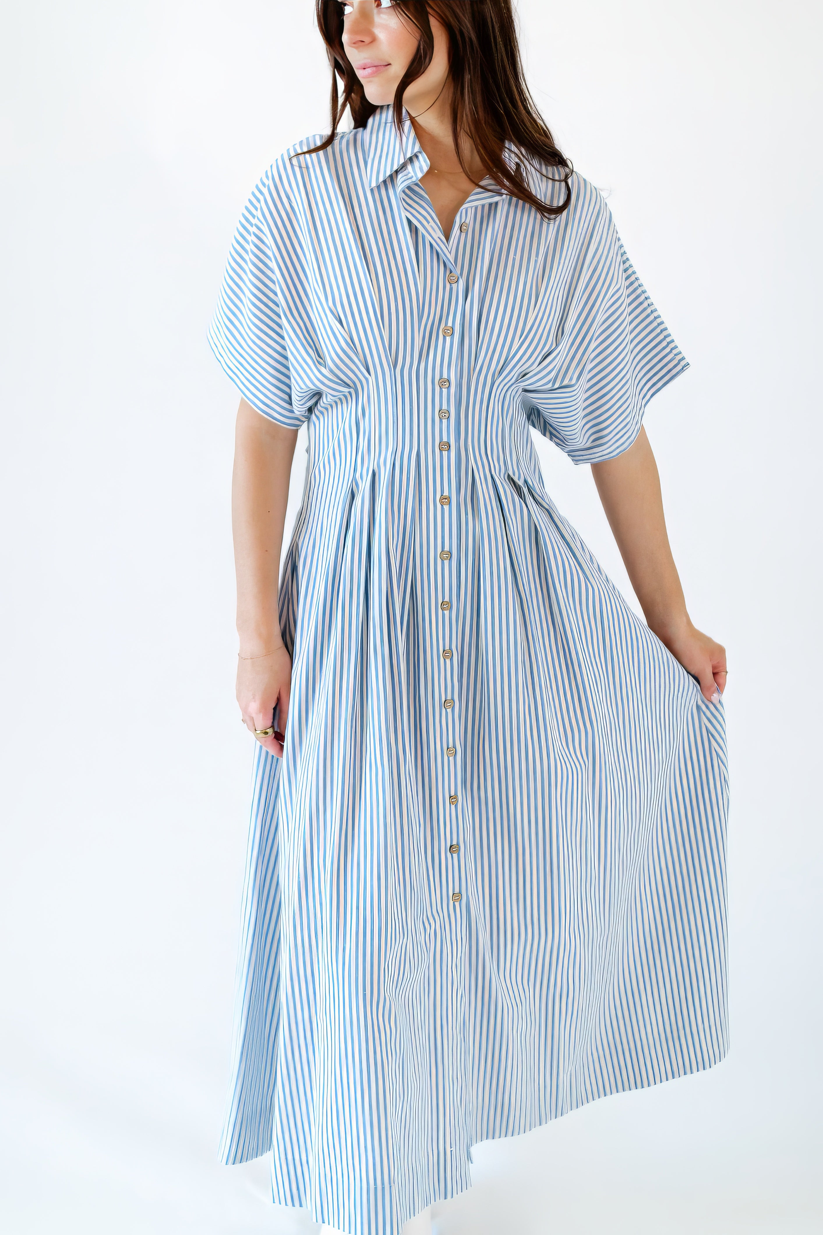 Rhea Pinstriped Pleated Shirt Dress