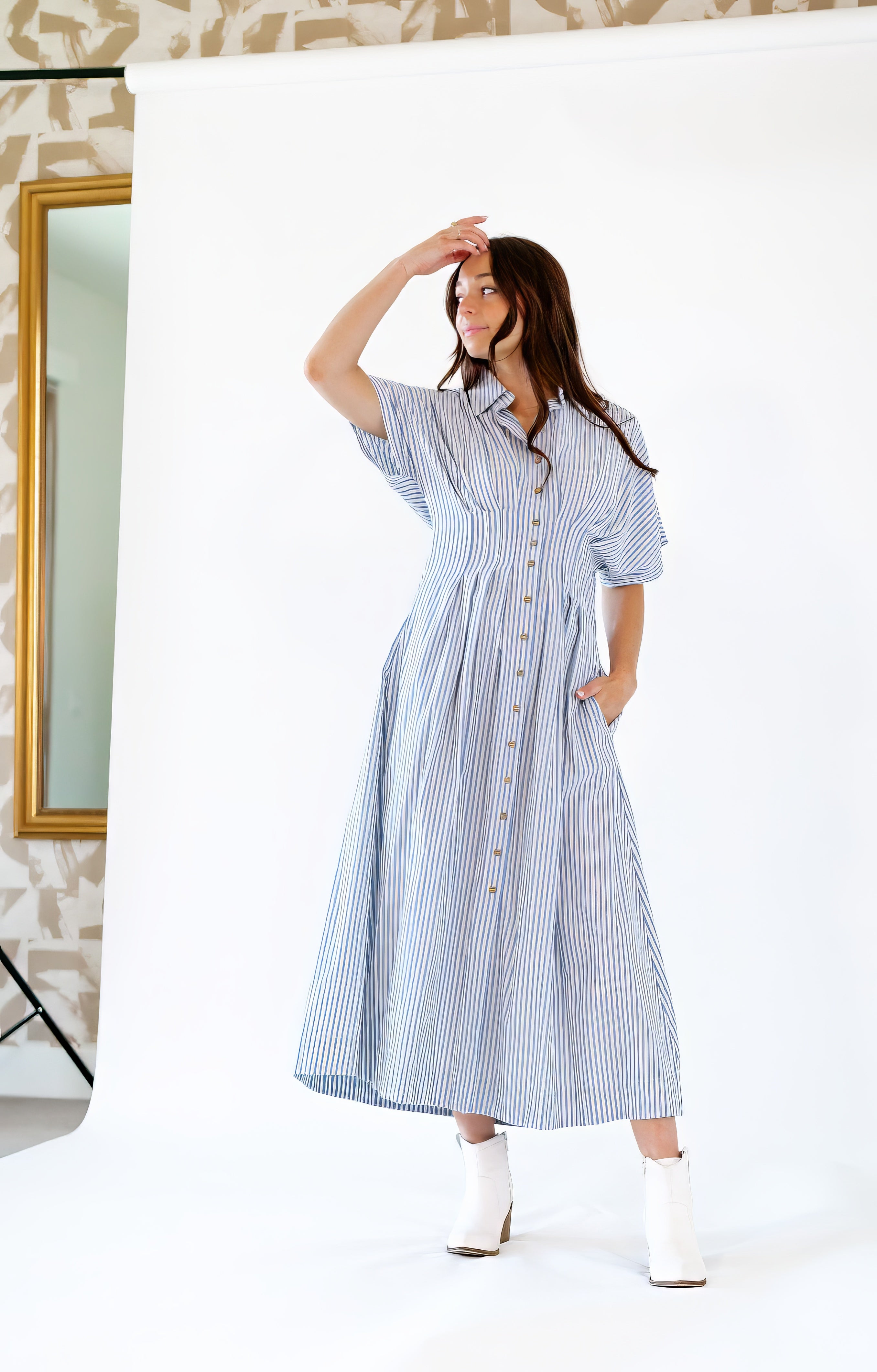 Rhea Pinstriped Pleated Shirt Dress