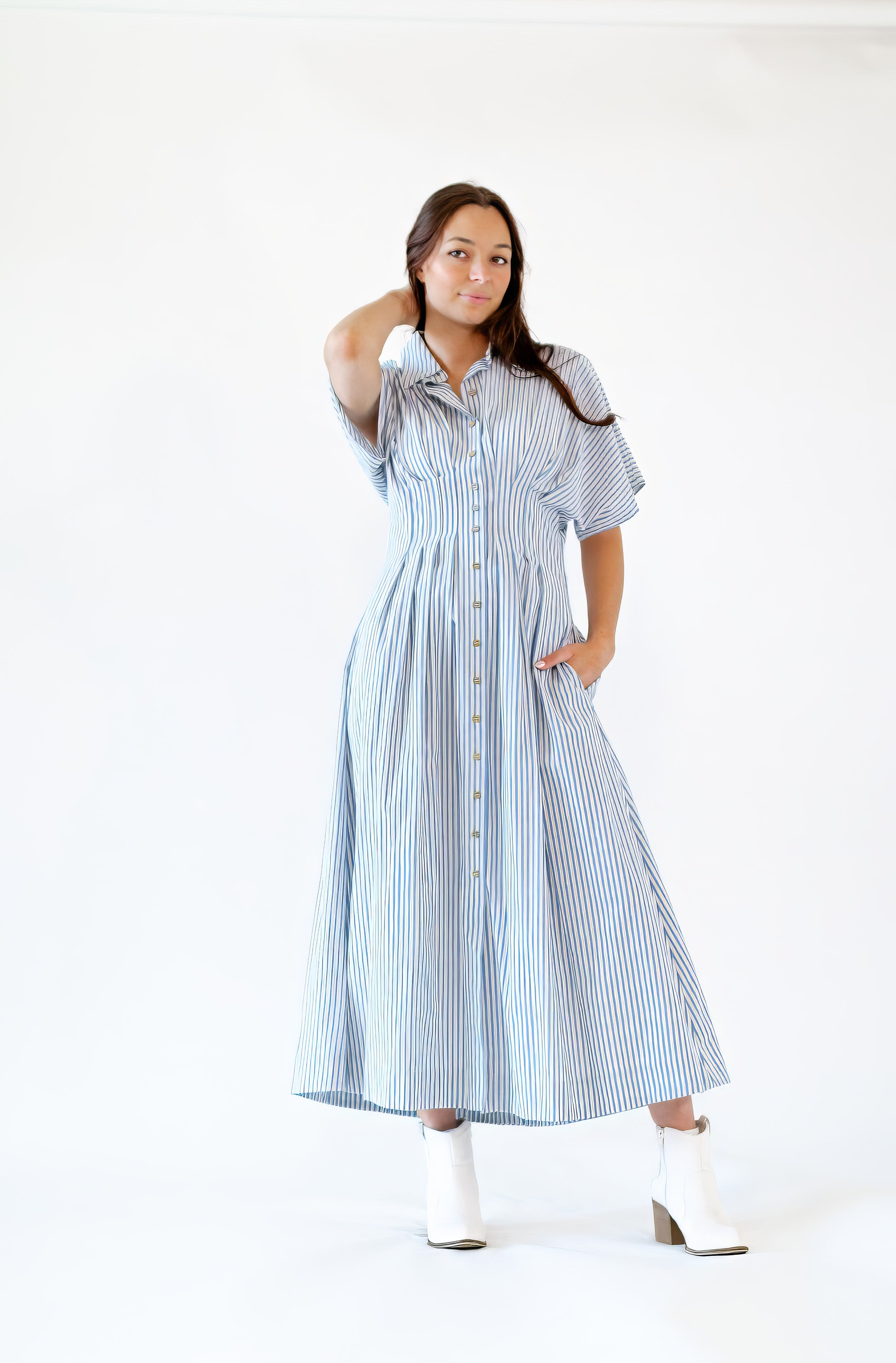 Rhea Pinstriped Pleated Shirt Dress