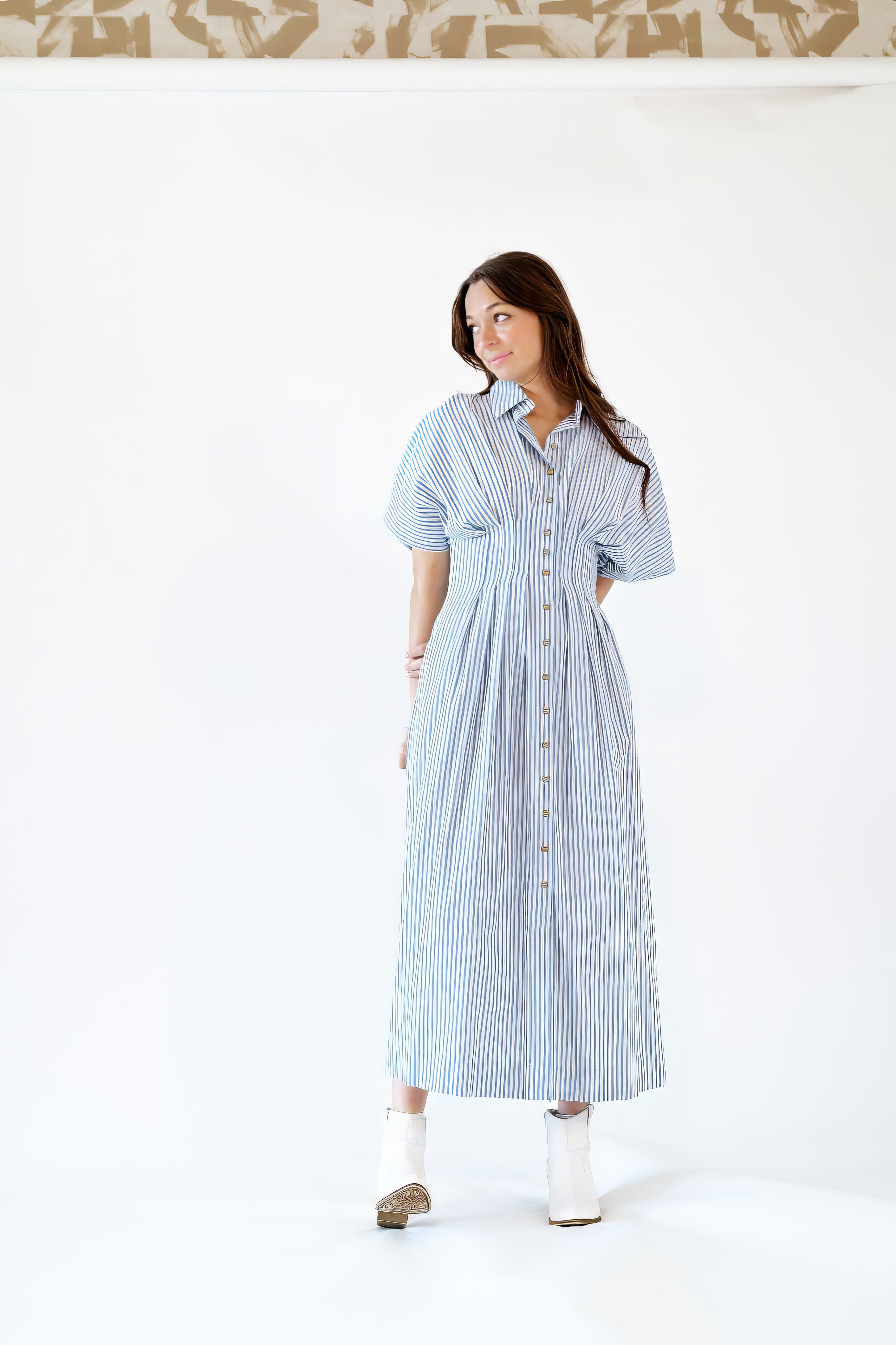 Rhea Pinstriped Pleated Shirt Dress