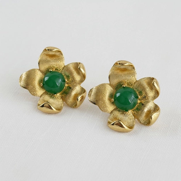Vintage Floral Earrings with Green Charm