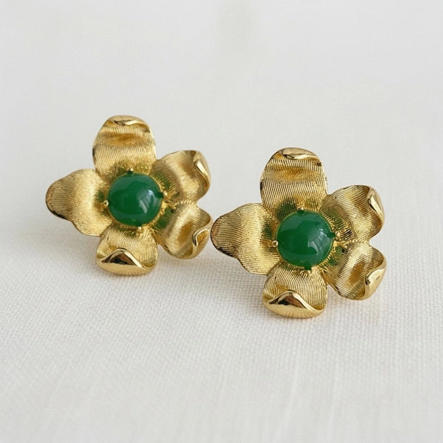 Vintage Floral Earrings with Green Charm