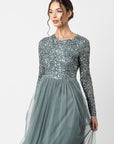 Misty Green Long Sleeved Sequin Gown