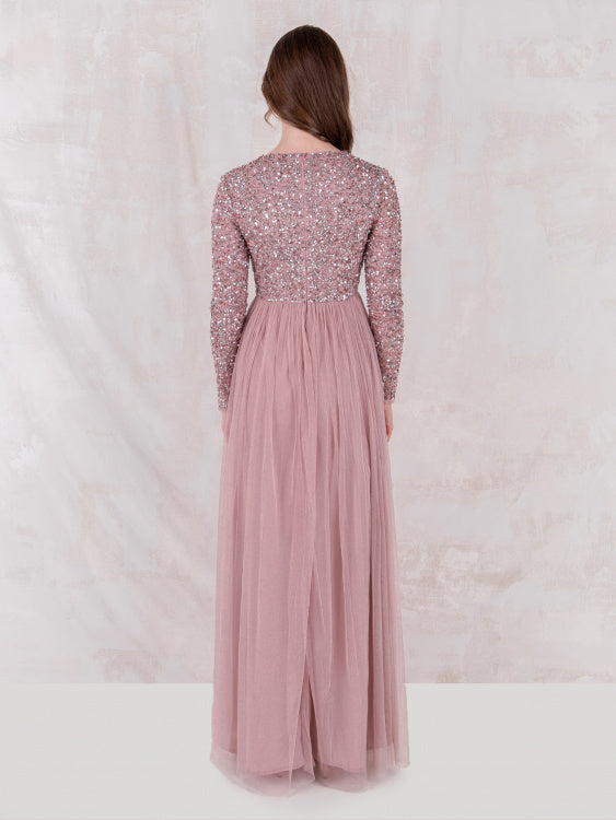 Frosted Pink Long Sleeved Sequin Gown
