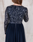 Navy Embellished Long Sleeve Sequin Gown