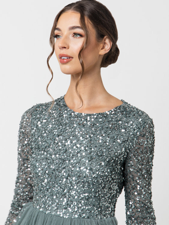 Misty Green Long Sleeved Sequin Gown Twirl Boutique Misty Green Long Sleeved Sequin Gown Twirl Boutique