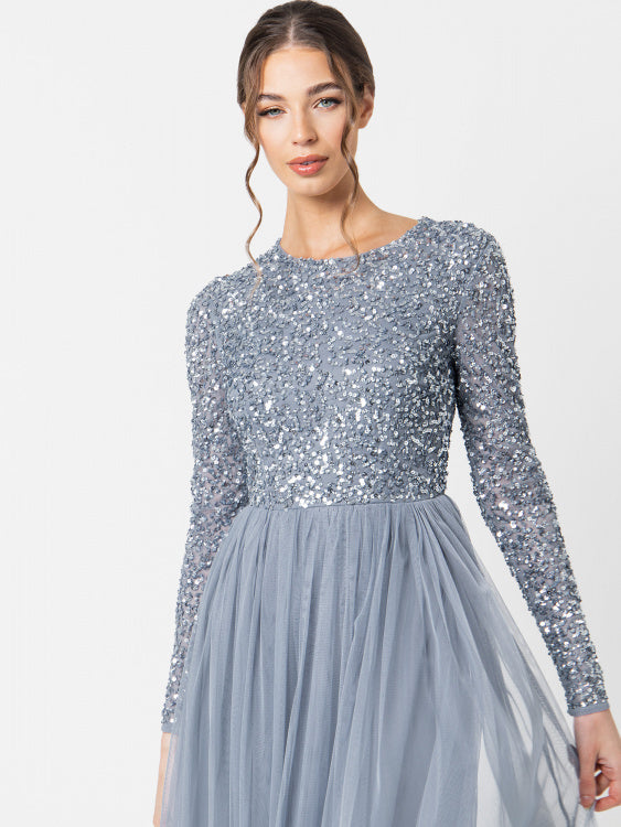 Dusty Blue Long Sleeved Sequin Gown – Twirl Boutique