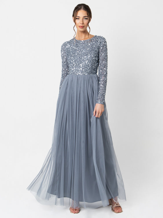 Dusty Blue Long Sleeved Sequin Gown