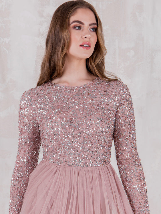 Frosted Pink Long Sleeved Sequin Gown